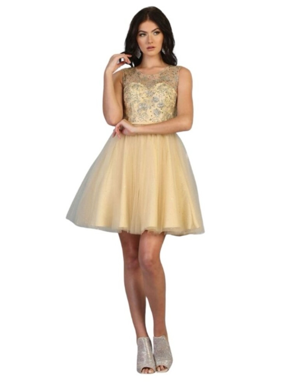 May Queen - MQ1803 Illusion Sweetheart Neckline Glitter Tulle Dress | Size: 6